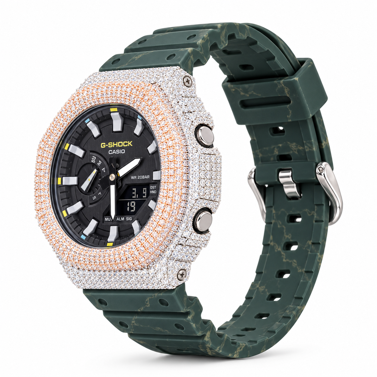 Iced Out Moissanite G-Shock GA-2100 Watch – Green Camo Band, Two-Tone Pavé Case – view 3