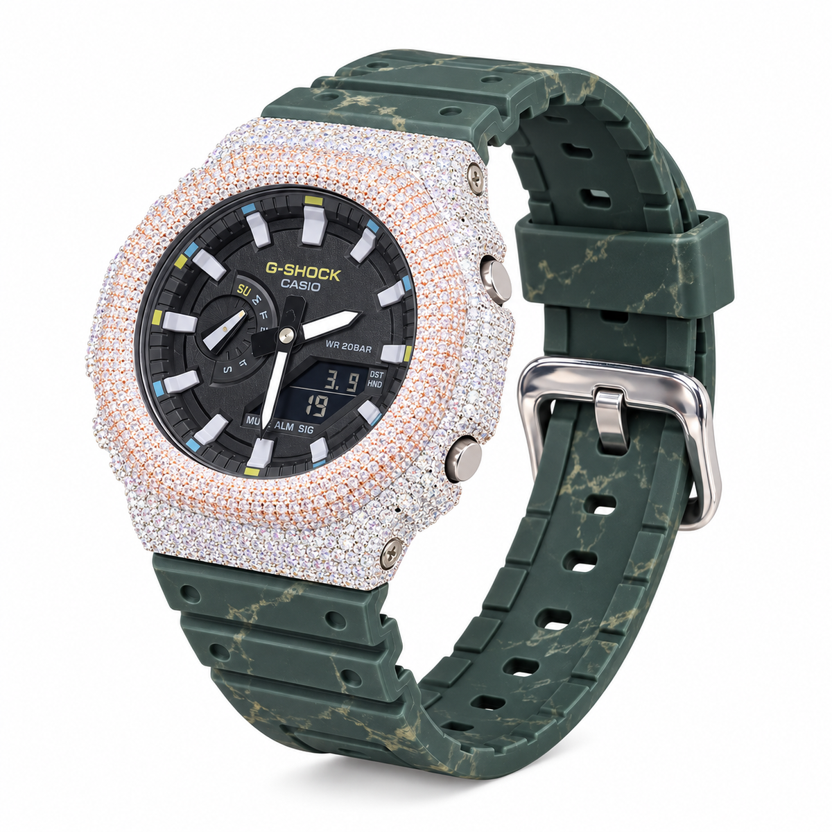 Iced Out Moissanite G-Shock GA-2100 Watch – Green Camo Band, Two-Tone Pavé Case – view 4