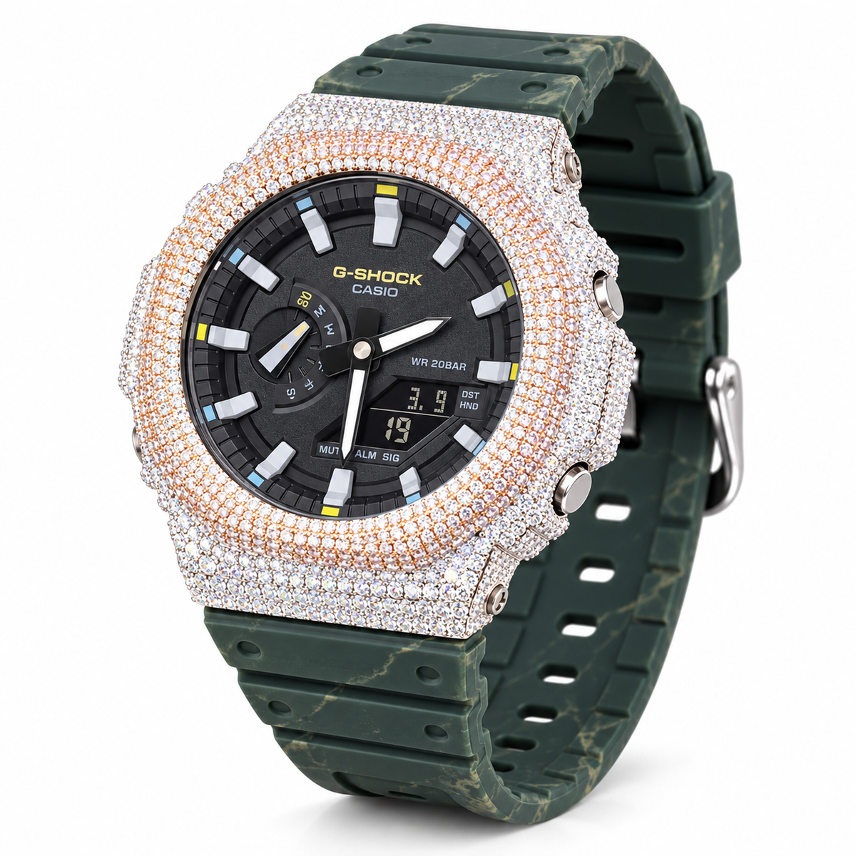 Iced Out Moissanite G-Shock GA-2100 Watch – Green Camo Band, Two-Tone Pavé Case – view 5