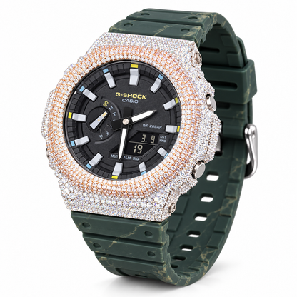 Iced Out Moissanite G-Shock GA-2100 Watch – Green Camo Band, Two-Tone Pavé Case – view 5