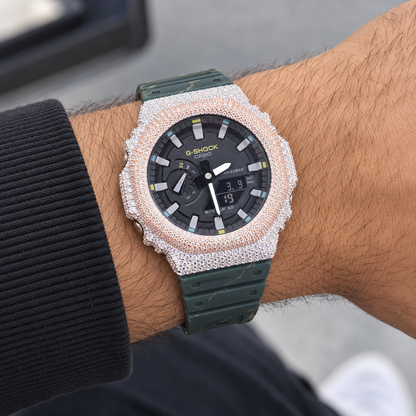 Iced Out Moissanite G-Shock GA-2100 Watch – Green Camo Band, Two-Tone Pavé Case – view 2