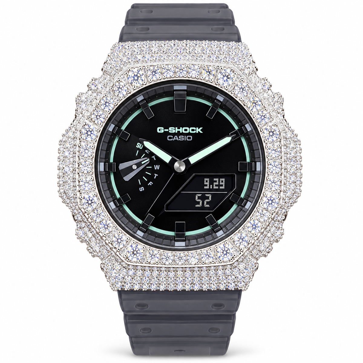 Iced Out Moissanite G-Shock GA-2100 Watch – Mint Accent Dial, Smoke Band – view 1