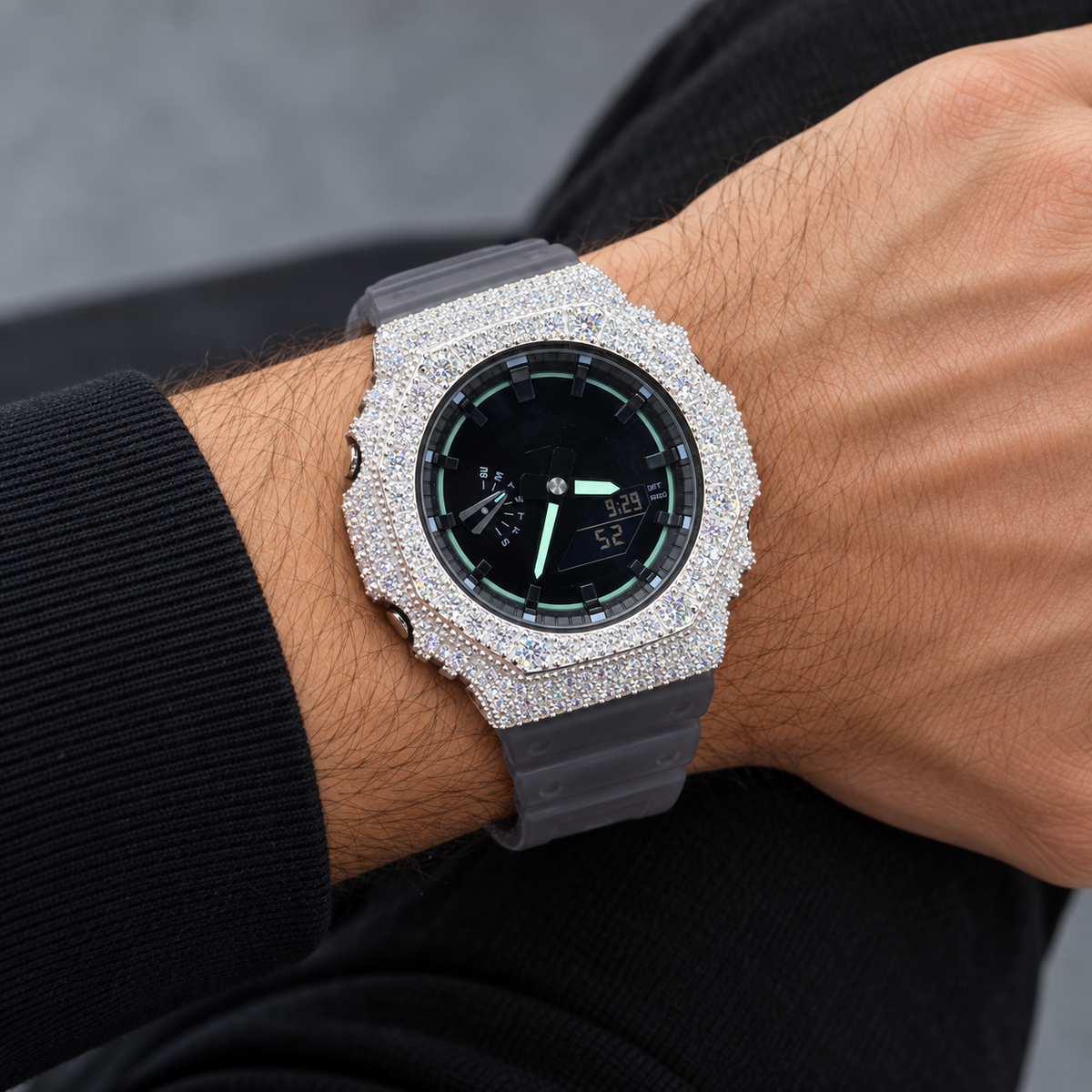 Iced Out Moissanite G-Shock GA-2100 Watch – Mint Accent Dial, Smoke Band – view 2