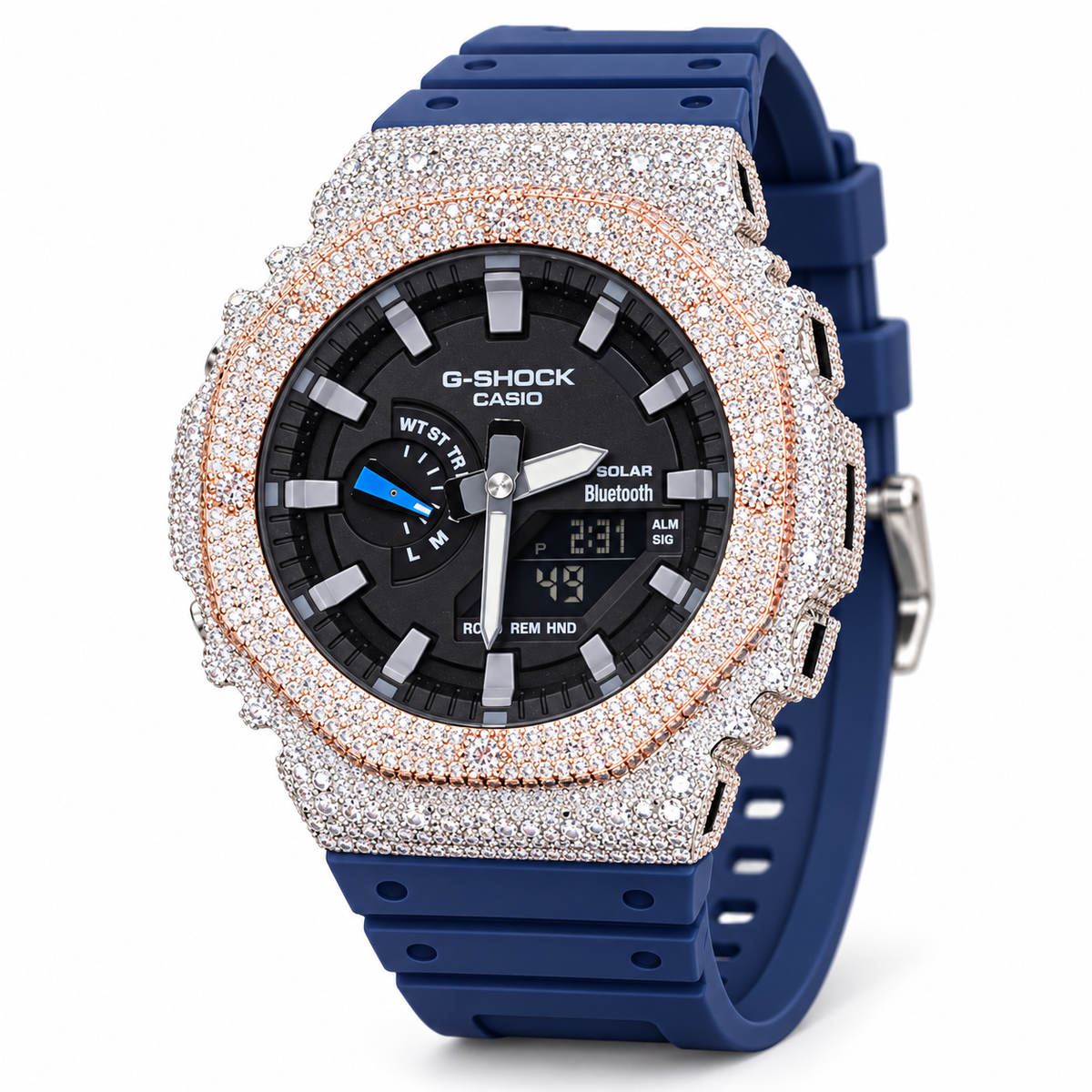Iced Out G-Shock Solar Bluetooth Watch – Navy Band, Two-Tone Pavé Case – view 2
