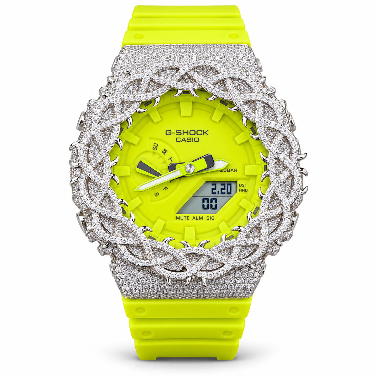 Iced Out Moissanite G-Shock GA-2100 Watch – Neon Lime Band, Braided Pavé Bezel – view 1
