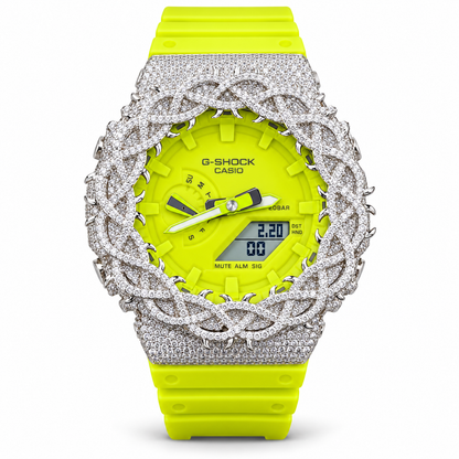 Iced Out Moissanite G-Shock GA-2100 Watch – Neon Lime Band, Braided Pavé Bezel – view 1