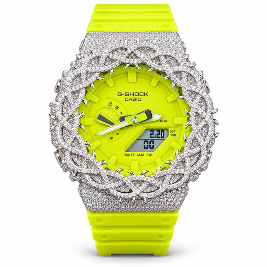 Iced Out Moissanite G-Shock GA-2100 Watch – Neon Lime Band, Braided Pavé Bezel – view 1