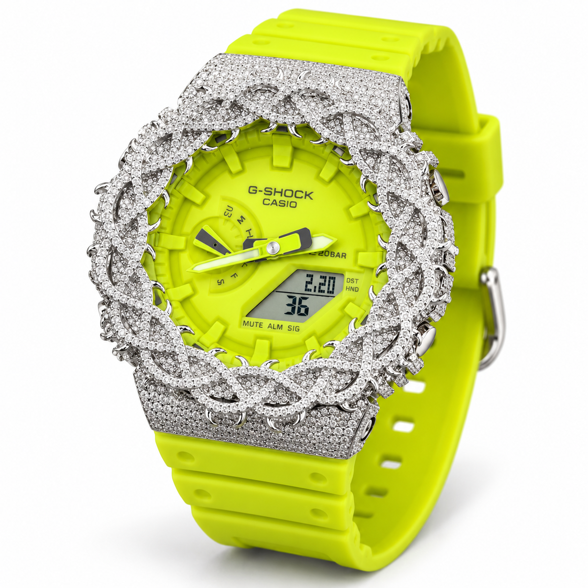 Iced Out Moissanite G-Shock GA-2100 Watch – Neon Lime Band, Braided Pavé Bezel – view 3