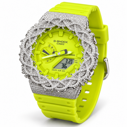 Iced Out Moissanite G-Shock GA-2100 Watch – Neon Lime Band, Braided Pavé Bezel – view 3