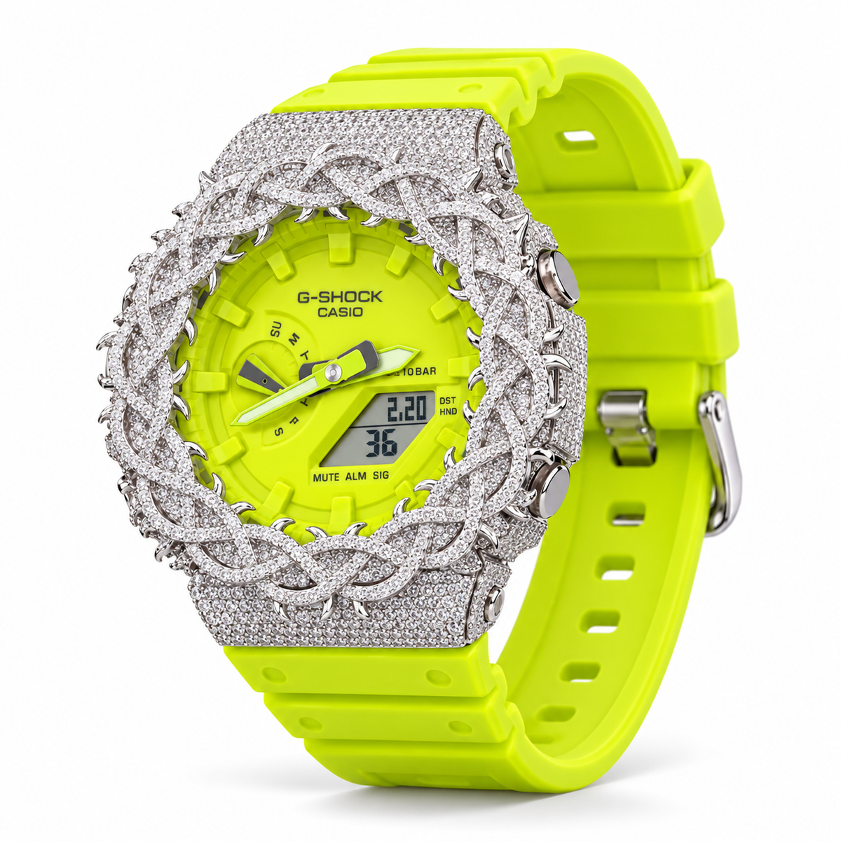 Iced Out Moissanite G-Shock GA-2100 Watch – Neon Lime Band, Braided Pavé Bezel – view 4
