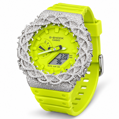 Iced Out Moissanite G-Shock GA-2100 Watch – Neon Lime Band, Braided Pavé Bezel – view 5