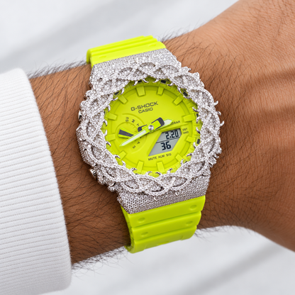 Iced Out Moissanite G-Shock GA-2100 Watch – Neon Lime Band, Braided Pavé Bezel – view 2