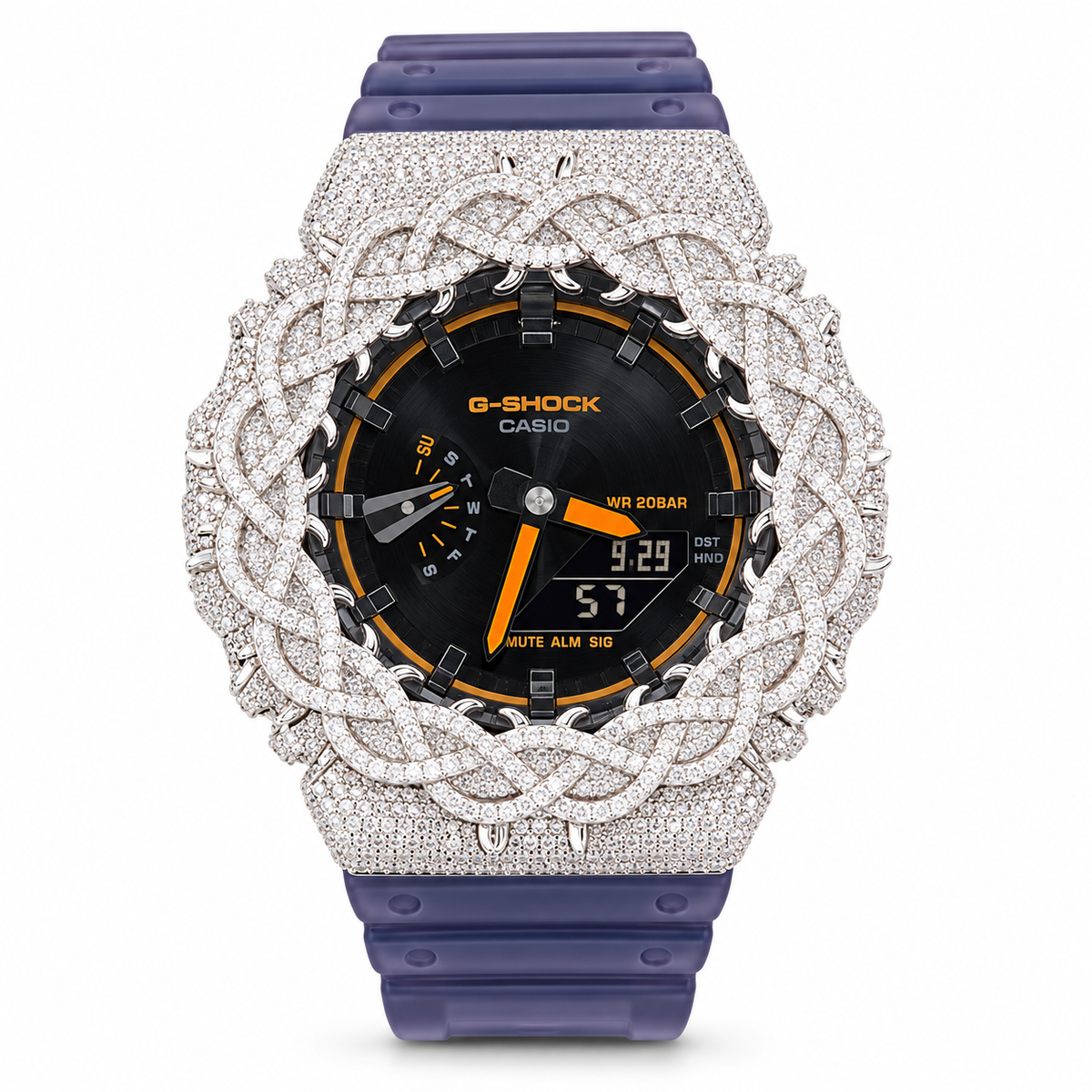Iced Out Moissanite G-Shock GA-2100 Watch – Purple Band, Orange Accent Dial, Braided Bezel – view 1