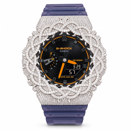 Iced Out Moissanite G-Shock GA-2100 Watch – Purple Band, Orange Accent Dial, Braided Bezel – view 1