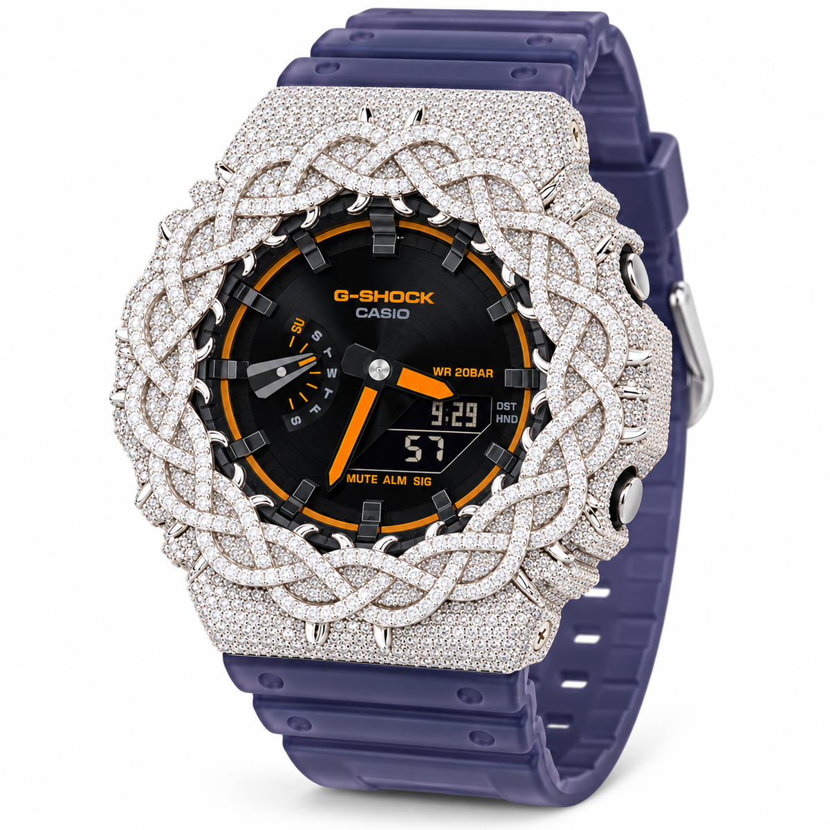 Iced Out Moissanite G-Shock GA-2100 Watch – Purple Band, Orange Accent Dial, Braided Bezel – view 3