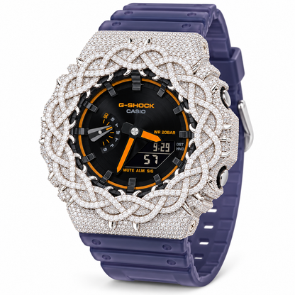 Iced Out Moissanite G-Shock GA-2100 Watch – Purple Band, Orange Accent Dial, Braided Bezel – view 3