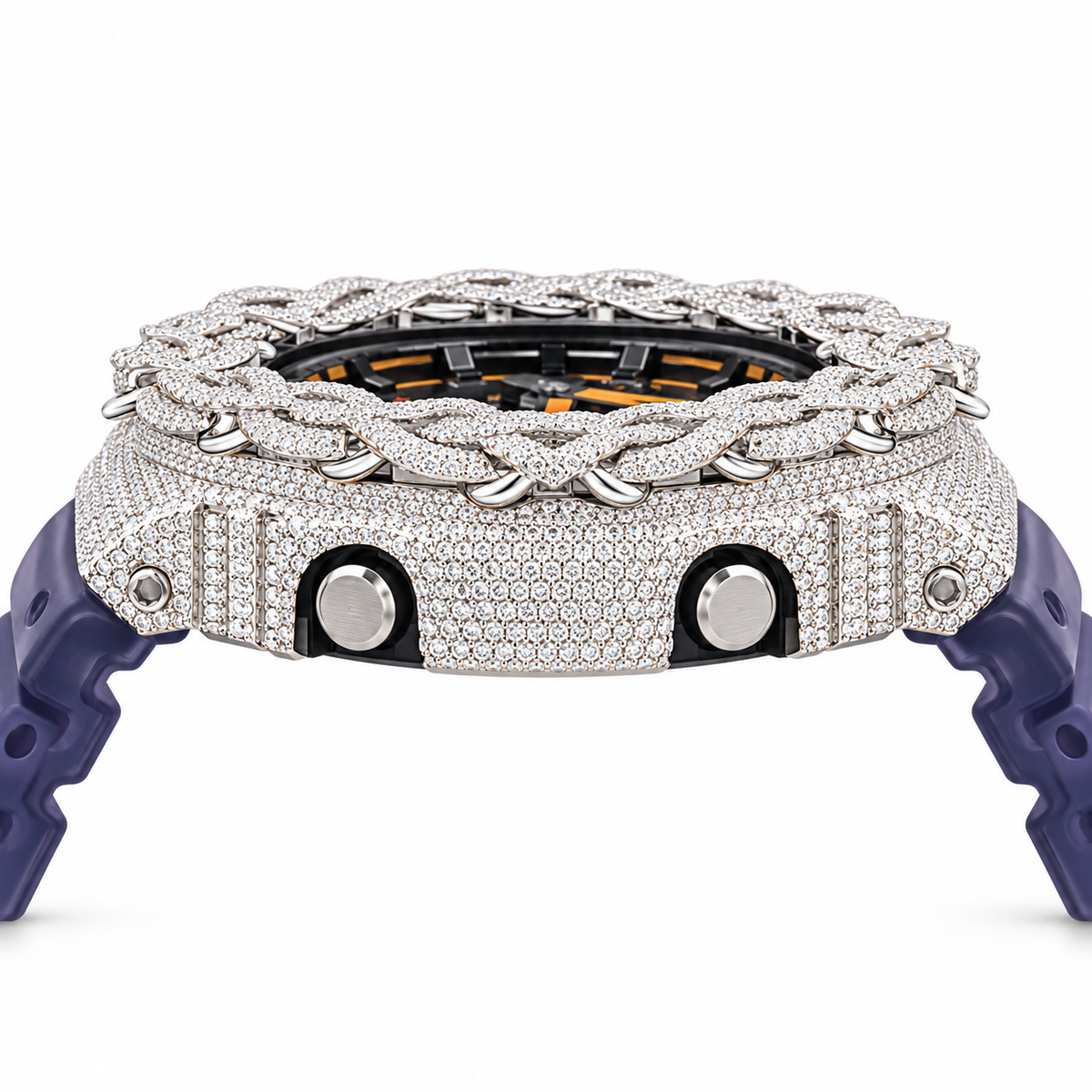 Iced Out Moissanite G-Shock GA-2100 Watch – Purple Band, Orange Accent Dial, Braided Bezel – view 4