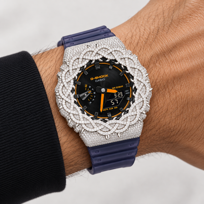 Iced Out Moissanite G-Shock GA-2100 Watch – Purple Band, Orange Accent Dial, Braided Bezel – view 2