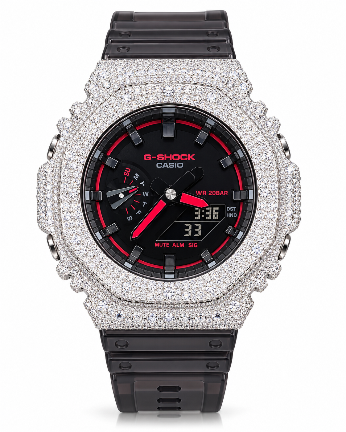 Iced Out Moissanite G-Shock GA-2100 Watch – Red Accent Dial, Black Band – view 1