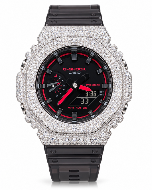 Iced Out Moissanite G-Shock GA-2100 Watch – Red Accent Dial, Black Band – view 1
