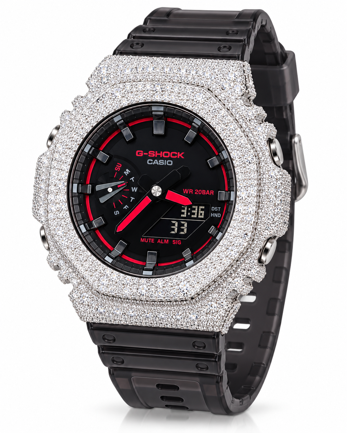 Iced Out Moissanite G-Shock GA-2100 Watch – Red Accent Dial, Black Band – view 3