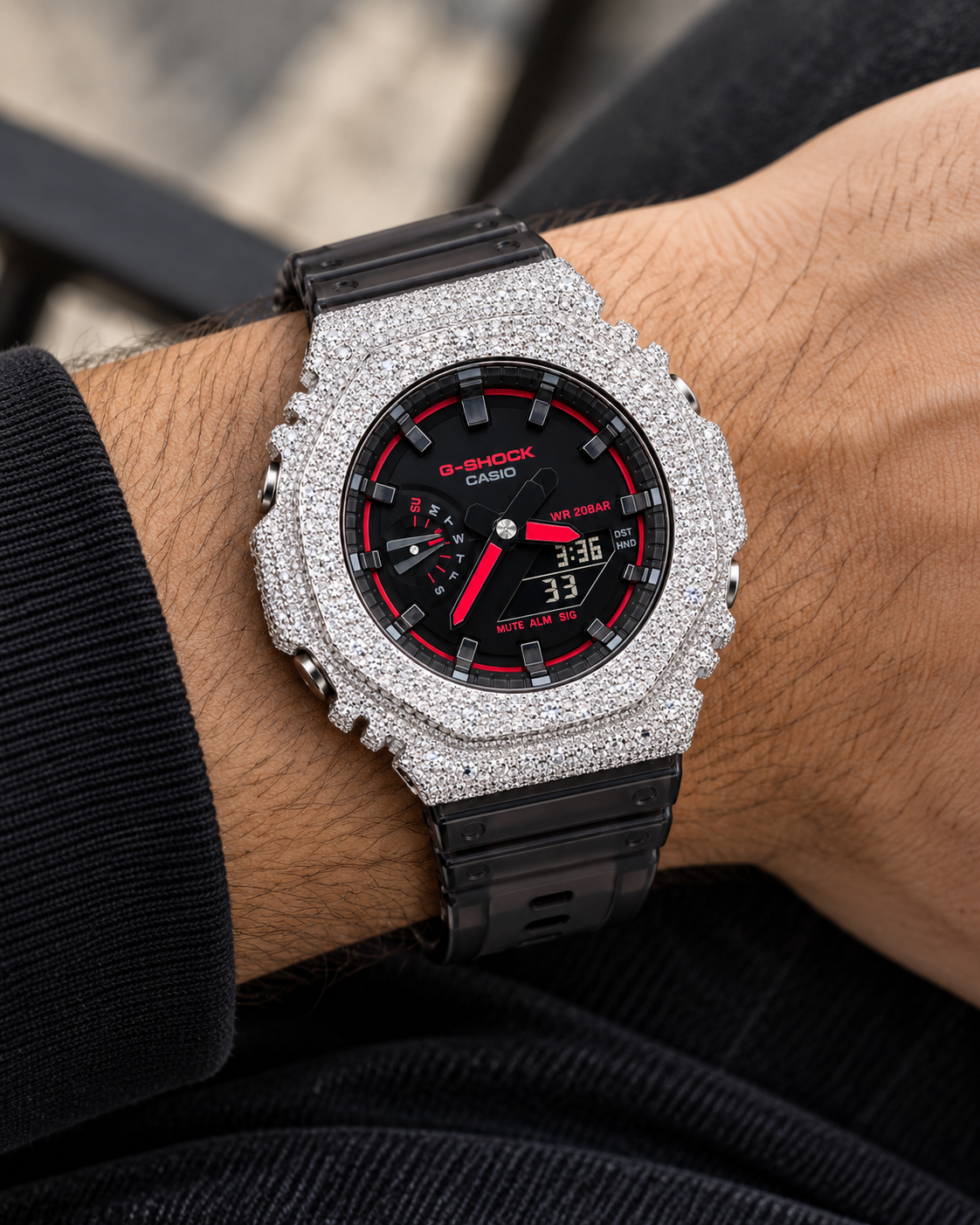 Iced Out Moissanite G-Shock GA-2100 Watch – Red Accent Dial, Black Band – view 2
