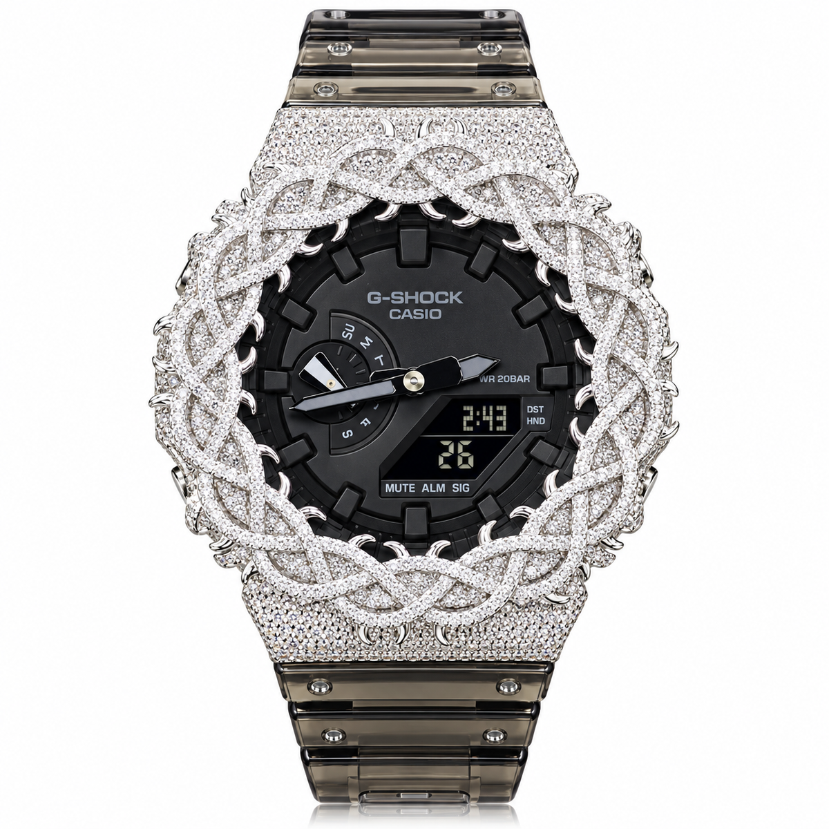 Iced Out Moissanite G-Shock GA-2100 Watch – Smoky Clear Band, Braided Link Bezel – view 1