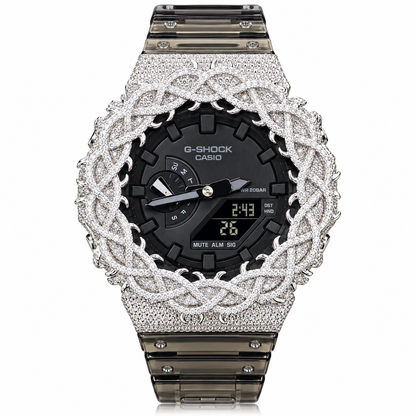 Iced Out Moissanite G-Shock GA-2100 Watch – Smoky Clear Band, Braided Link Bezel – view 1
