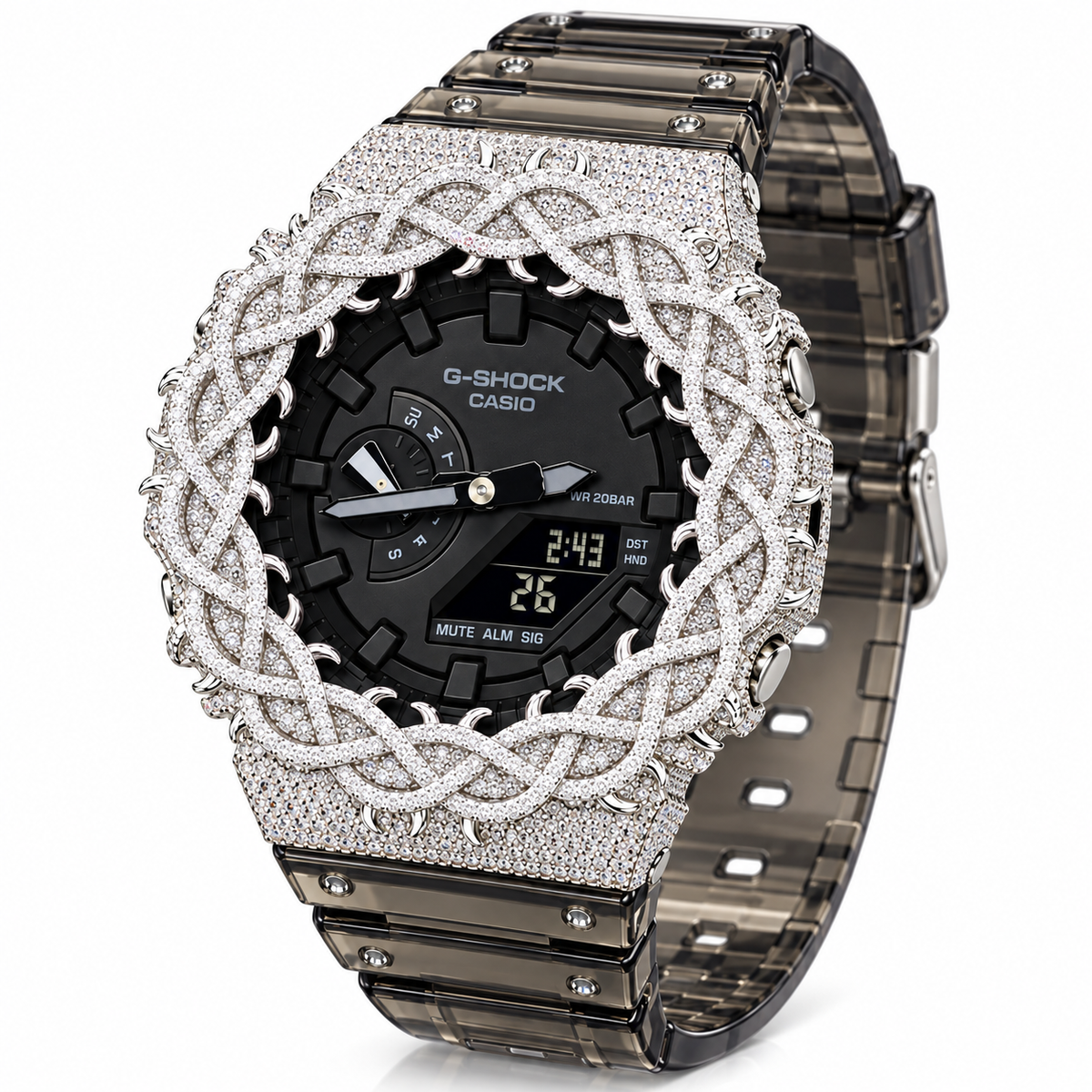 Iced Out Moissanite G-Shock GA-2100 Watch – Smoky Clear Band, Braided Link Bezel – view 3