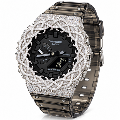 Iced Out Moissanite G-Shock GA-2100 Watch – Smoky Clear Band, Braided Link Bezel – view 3
