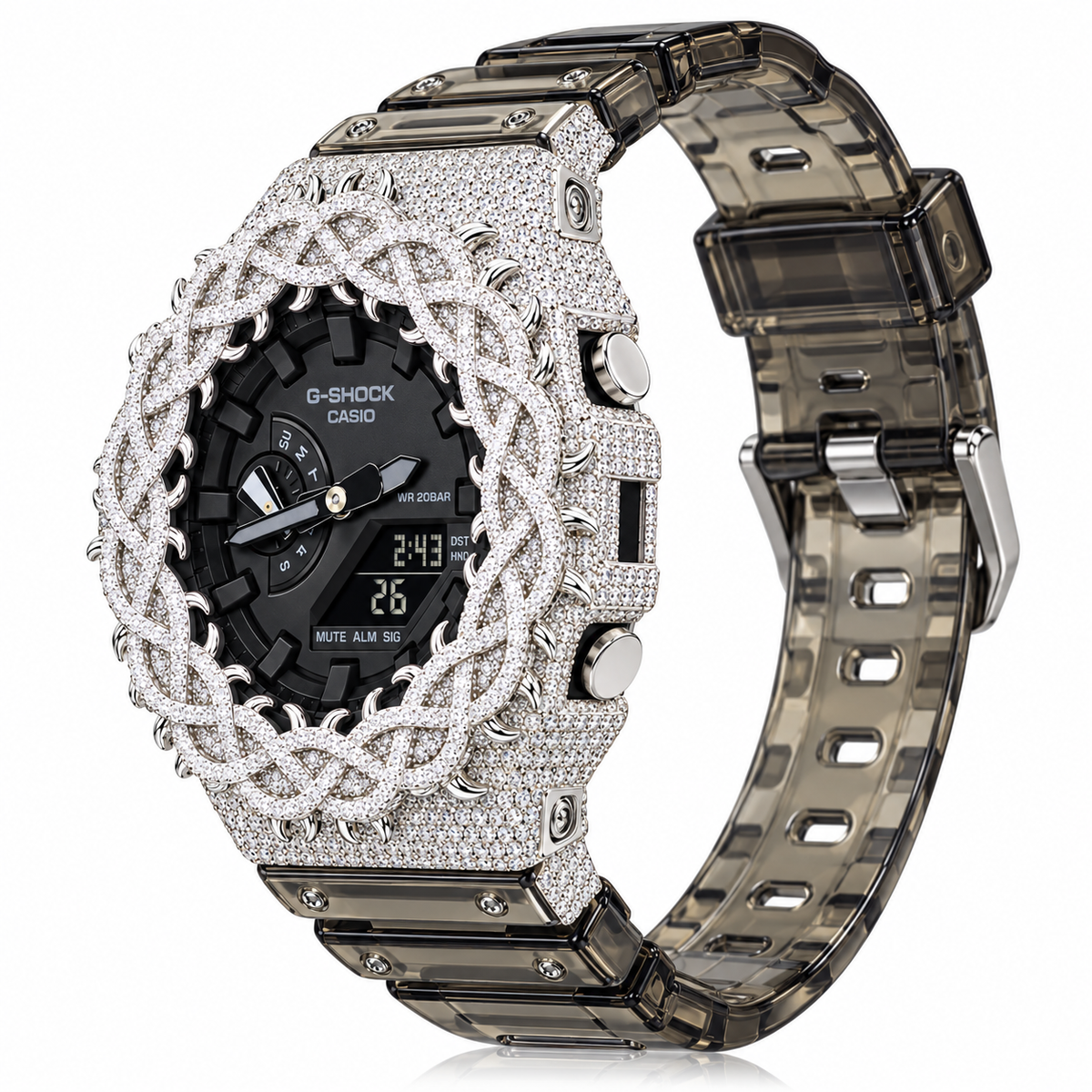 Iced Out Moissanite G-Shock GA-2100 Watch – Smoky Clear Band, Braided Link Bezel – view 4