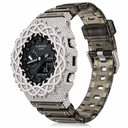 Iced Out Moissanite G-Shock GA-2100 Watch – Smoky Clear Band, Braided Link Bezel – view 4