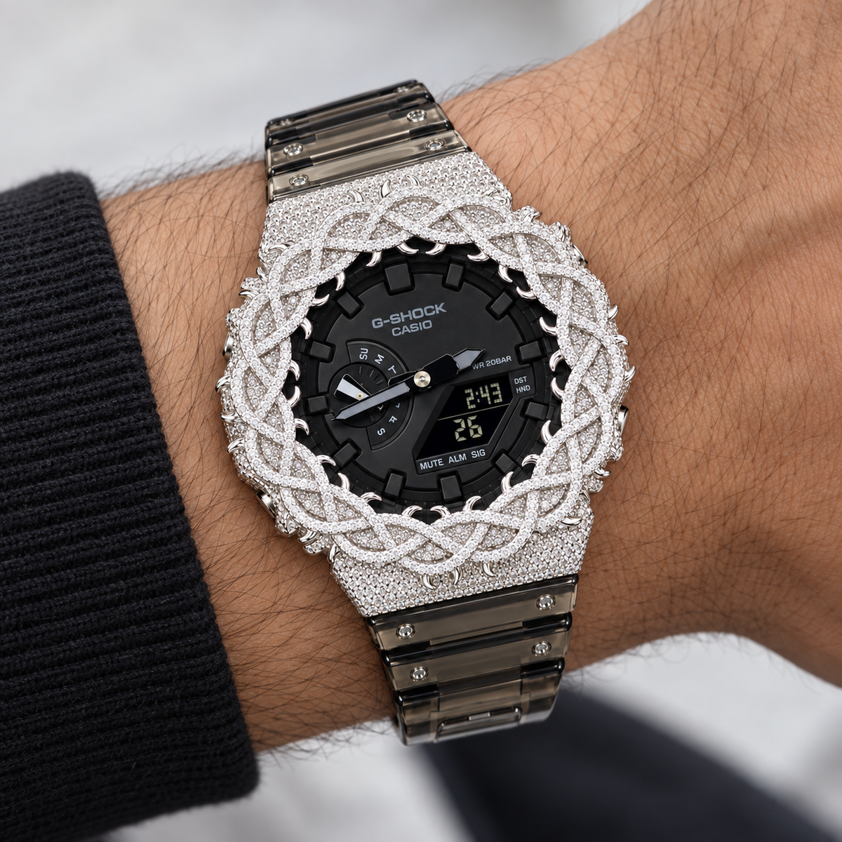 Iced Out Moissanite G-Shock GA-2100 Watch – Smoky Clear Band, Braided Link Bezel – view 2