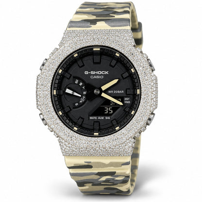 Iced out moissanite G-Shock GA-2100 watch with black dial and cream camo band – custom moissanite G-Shock