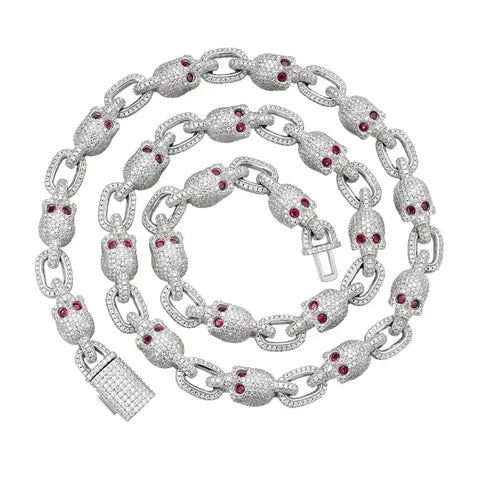 925 Silver VVS D Moissanite Skull Link Chain with Red Eyes, view 2