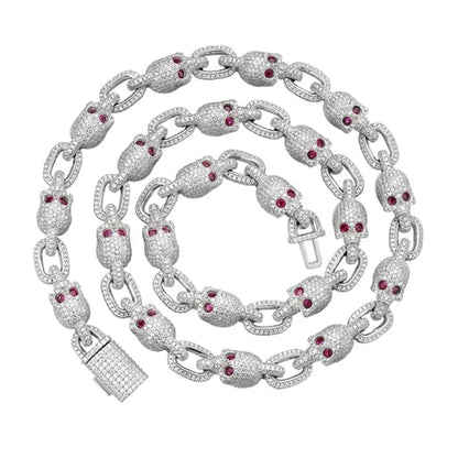 925 Silver VVS D Moissanite Skull Link Chain with Red Eyes, view 2