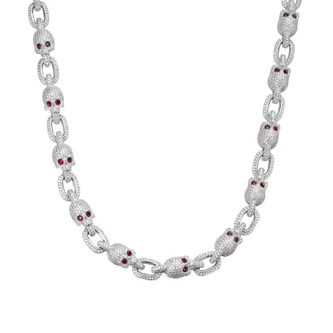 925 Silver VVS D Moissanite Skull Link Chain with Red Eyes
