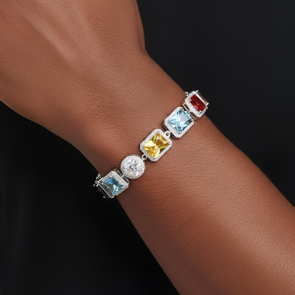 Color Stone Link Moissanite Bracelet – 925 Sterling Silver, 14K White Gold Finish, view 2