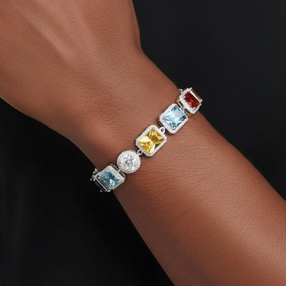 Color Stone Link Moissanite Bracelet – 925 Sterling Silver, 14K White Gold Finish, view 2