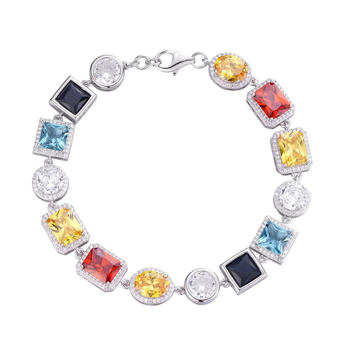 Color Stone Link Moissanite Bracelet – 925 Sterling Silver, 14K White Gold Finish