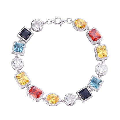 Color Stone Link Moissanite Bracelet – 925 Sterling Silver, 14K White Gold Finish
