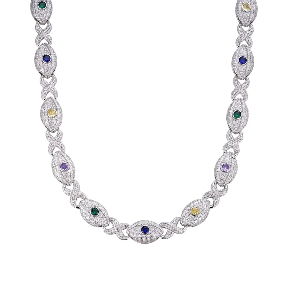 15mm Evil Eye Multi-Gemstone Eternity Link Moissanite Necklace – 925 Sterling Silver, 14K White Gold Finish