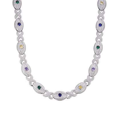 15mm Evil Eye Multi-Gemstone Eternity Link Moissanite Necklace – 925 Sterling Silver, 14K White Gold Finish