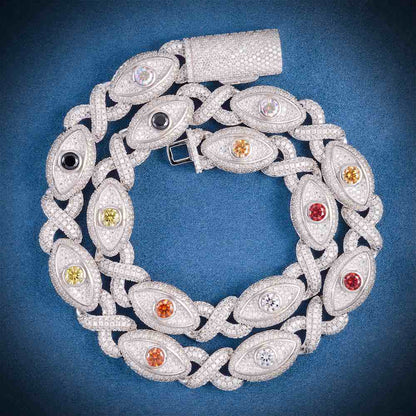15mm Evil Eye Multi-Gemstone Eternity Link Moissanite Necklace – 925 Sterling Silver, 14K White Gold Finish, view 2