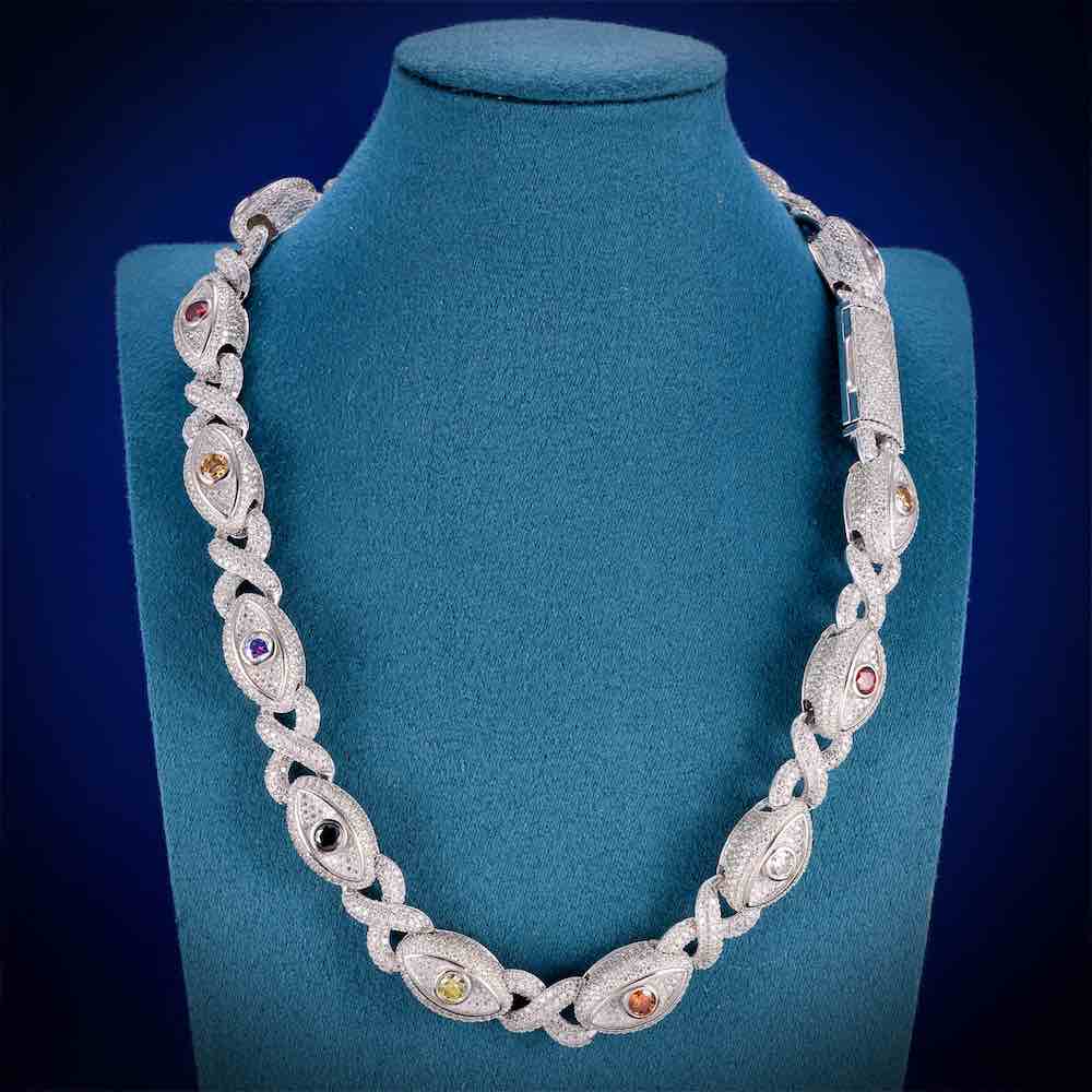 15mm Evil Eye Multi-Gemstone Eternity Link Moissanite Necklace – 925 Sterling Silver, 14K White Gold Finish, view 3