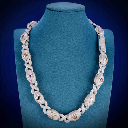 15mm Evil Eye Multi-Gemstone Eternity Link Moissanite Necklace – 925 Sterling Silver, 14K White Gold Finish, view 3