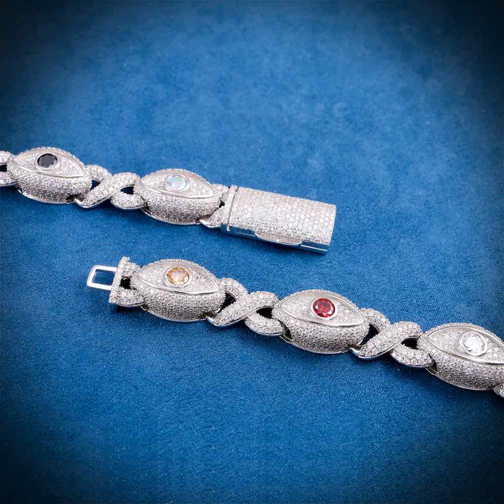 15mm Evil Eye Multi-Gemstone Eternity Link Moissanite Necklace – 925 Sterling Silver, 14K White Gold Finish, view 4