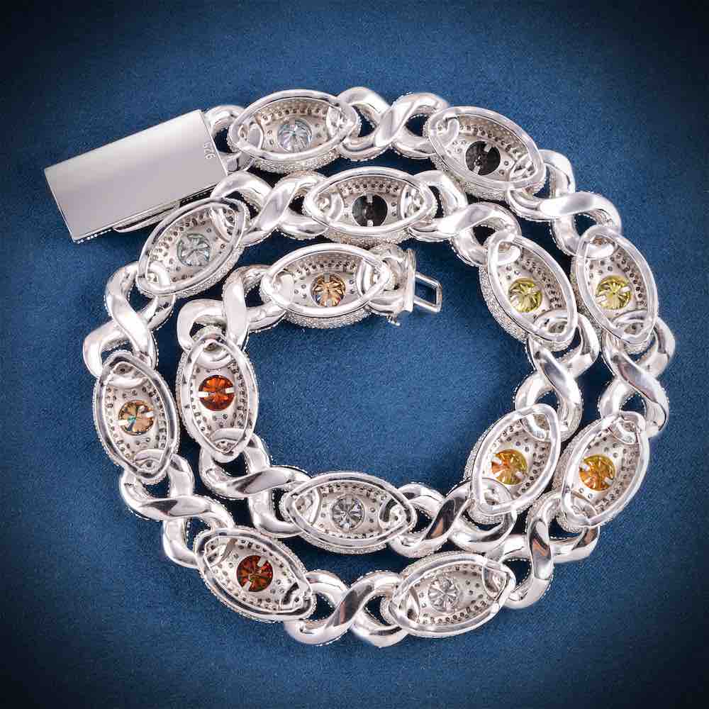 15mm Evil Eye Multi-Gemstone Eternity Link Moissanite Necklace – 925 Sterling Silver, 14K White Gold Finish, view 5
