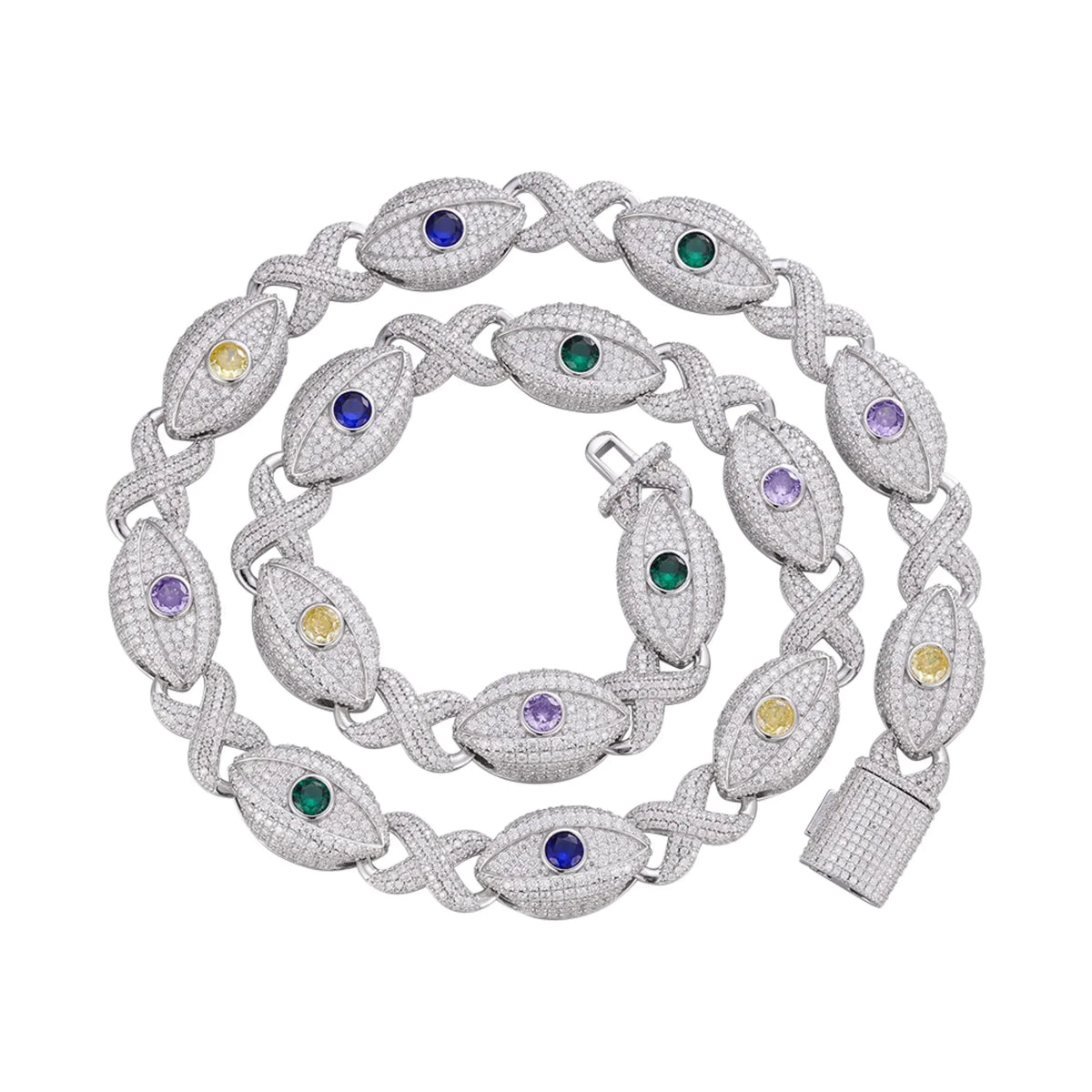 15mm Evil Eye Multi-Gemstone Eternity Link Moissanite Necklace – 925 Sterling Silver, 14K White Gold Finish, view 6