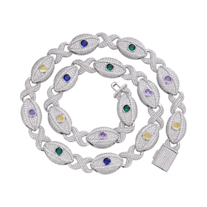15mm Evil Eye Multi-Gemstone Eternity Link Moissanite Necklace – 925 Sterling Silver, 14K White Gold Finish, view 6